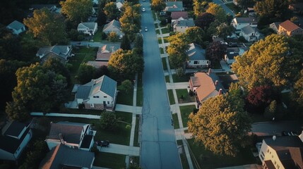 Poster - A suburban street with houses and trees