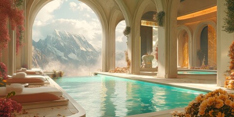 A beautiful pool with a mountain in the background. The pool is surrounded by a lot of flowers and plants