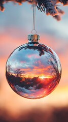 Wall Mural - Christmas ornament combined with a sunset sky in a double exposure view.