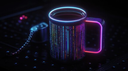 Aufkleber - A futuristic neon mug blending technology and beverage culture in a vibrant display