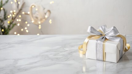 A beautifully wrapped gift box with luxurious gold and silver ribbons placed on a sleek marble surface, surrounded by softly glowing fairy lights. The background features an elegant, out-of-focus