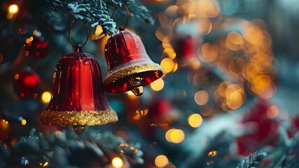 Poster - This Festive red bells adorn a Christmas tree amidst glowing lights, capturing holiday cheer.