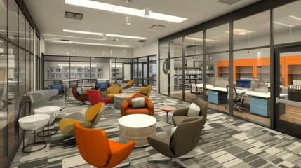 Poster - A collaborative office design with open areas and writable surfaces for idea sharing
