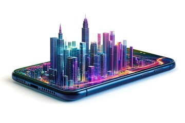 3D render of a conceptual city emerging from a smartphone screen. Top view of illustration isolated on white background.