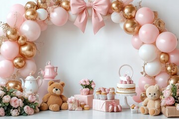 Wall Mural - A pink and white party with balloons, teddy bears, and a tea set