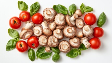 Wall Mural - A flat lay of fresh mushrooms, cherry tomatoes and basil leaves on a white background.