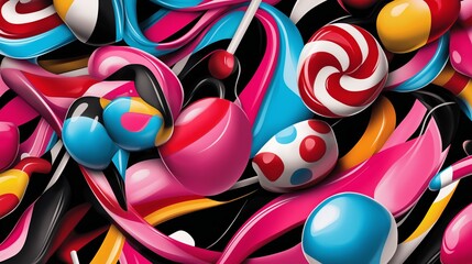 Poster - A fun and vibrant background featuring colorful candy, lollipops, and swirls. 