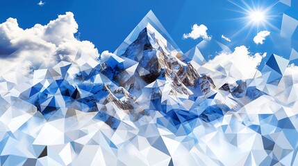 Poster - A digital low-poly rendering of a mountain range in shades of gray and blue for a unique, angular look