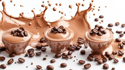 Poster - Coffee Beans Splash on Creamy Desserts Against White Background Generative AI