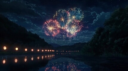 An anime-style scene of a summer night sky filled with spectacular, breathtaking fireworks in vibrant colors like pink, blue, and gold. generative ai