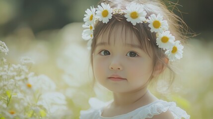 Portrait of cute little asian girl wearing daisy headband smiling in film tone. Concept of child happiness