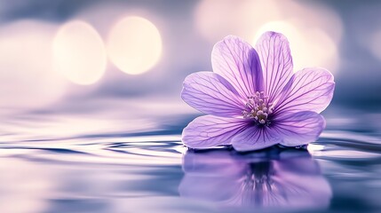 Poster - Tranquil Purple Flower Floating on Reflective Water in Soft Dreamy Light : Generative AI