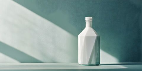 Poster - White Bottle in Sunlight: A minimalist, abstract composition with a single white bottle set against a soft teal background, bathed in the warm glow of sunlight.