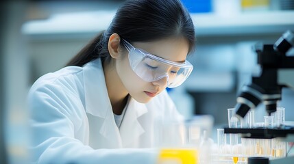Fototapete - Female Scientist in Laboratory Conducting Experiment with Focus and Precision : Generative AI