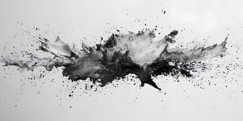 Poster - Black Ink Explosion: A dramatic, abstract image of black ink exploding on a white background. The splatters and textures create a dynamic and impactful visual, evoking energy and chaos.