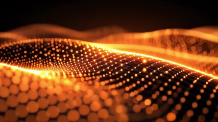 Abstract digital wave of glowing orange particles creating an organic, flowing pattern on a dark background.