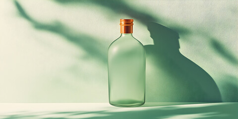 Poster - Glass Bottle Minimalism: A single, elegant glass bottle with a cork top stands against a soft green backdrop.