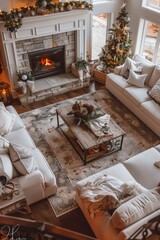 Wall Mural - A cozy living room with a fireplace and a Christmas tree. The room is decorated with white furniture and a rug