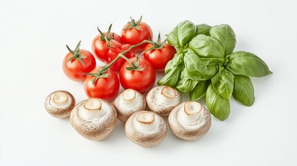 Wall Mural - Fresh cherry tomatoes, basil, and mushrooms on a white background.