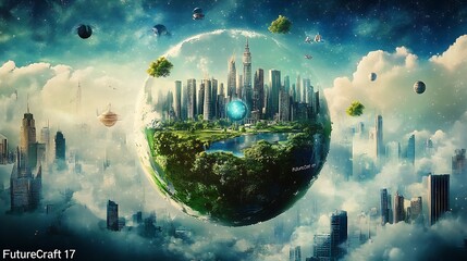 Poster - Floating City in Glass Orb Amidst Cloudscape Imagines Future Urbanization : Generative AI