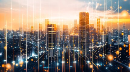 Aufkleber - Vibrant Urban Skyline with Radiant Lights and Electric Atmosphere at Dusk : Generative AI