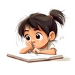 © Kavita - Cartoon child with a thoughtful expression studying for a big exam on a white background.