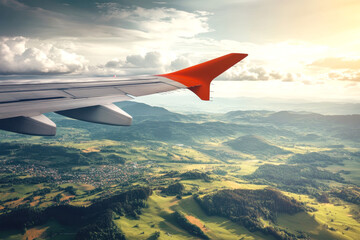 Airplane wing over scenic landscape at sunset symbolizing travel adventures