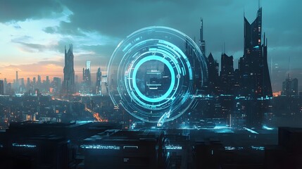 Wall Mural - Futuristic Cityscape with a Glowing Digital Interface