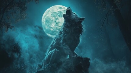 Wall Mural - fierce werewolf howling at full moon night sky