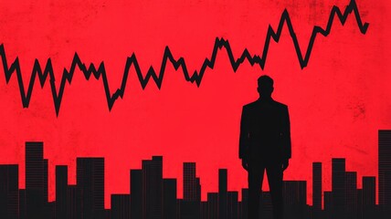 A silhouette of a businessman against a red backdrop with an upward trending graph and a city skyline, symbolizing growth and ambition in finance.