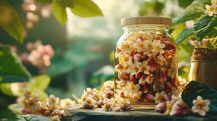 Poster - Spring Blossoms in Glass Jar Surrounded by Lush Greenery Creates Serene Garden Scene : Generative AI