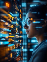 Poster - Female software engineer exploring advanced digital interface with glowing code display : Generative AI