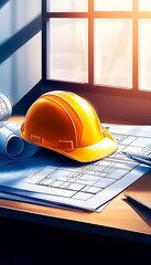 Poster - Architectural Workspace with Hard Hat and Blueprints Illuminated by Natural Light : Generative AI