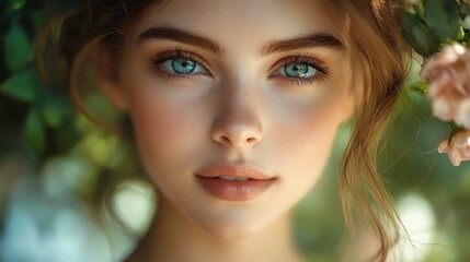 Aufkleber - Close Up Portrait of Young Woman in Natural Light with Flower Background : Generative AI