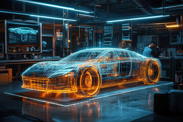 A futuristic, holographic car is displayed in a high-tech workshop, showcasing advanced technology and digital design.