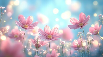 Poster - Radiant Pink Cosmos Blossoms with Golden Centers and Soft Background Bokeh Effect : Generative AI