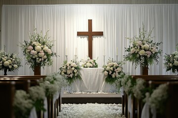 A church with a white altar and a cross