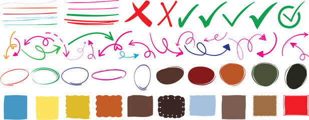 Wall Mural - colorful hand drawn doodle element set with check marks, crosses, arrows, underlines, circles, squar