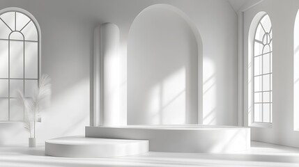 Poster - Minimalist Elegant White Interior With Arched Windows And Soft Natural Light : Generative AI