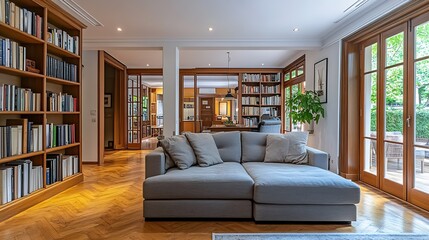 Aufkleber - Luxury Open Plan Living Room with Gray Sofa and Extensive Book Collection : Generative AI