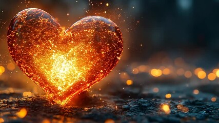 Poster - A heart made of fire is lit up in the dark. The fire is orange and the heart is surrounded by a lot of sparks. Concept of danger and destruction, as the heart is being consumed by the flames