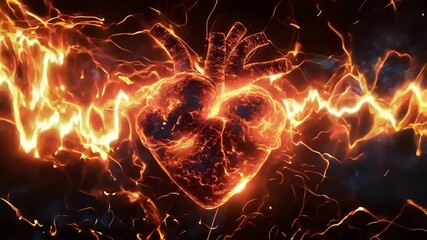 Poster - A heart is shown in a fiery, glowing light. The heart is surrounded by a dark background, with the flames and sparks emanating from it. Concept of passion, love, and intensity