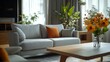 © The Little Hut - Elegant Modern Living Room with Gray Sofa and Green Plants for a Relaxing Ambience : Generative AI
