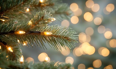 Poster - Elegant Holiday Evergreen Tree Branch with Soft Focus Golden Lights and Bokeh : Generative AI