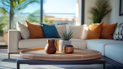 Poster - Bright Modern Living Room with Coastal Decor and Large Windows Overlooking Terrace : Generative AI