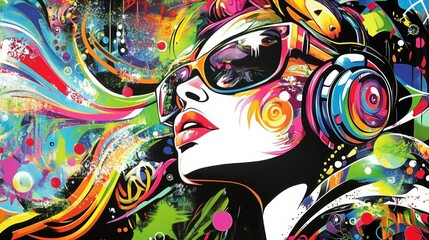 Woman with headphones immersed in a world of music and vibrant colors, captivating portrait of artistic expression