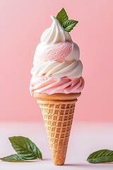 Aufkleber - Double Scoop Vanilla Strawberry Ice Cream Cone on Pink Backdrop with Mint Garnish : Generative AI