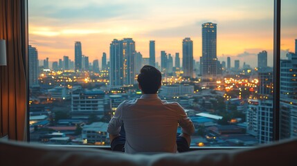 Poster - Person enjoying tranquil cityscape at dusk with illuminated buildings and vibrant skyline : Generative AI