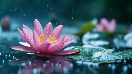 Poster - Radiant Pink Lotus Blossoming Under Gentle Rain in Tranquil Water Garden : Generative AI