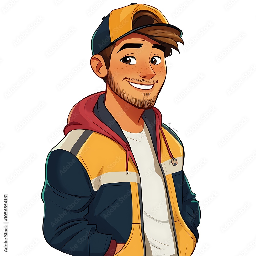 Cartoon guy with a laid-back smile in a varsity jacket and cap on a ...